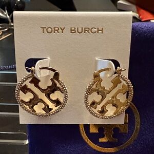 Tory Burch Gold tone Hoop  pierced Earrings with crystals.